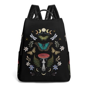 Mystical Celestial Butterfly & Moth Anti-theft Daypack, Perfect for Day Trips Backpack Floral Butterfly Mushroom Botanical Vegan Leather Bag
