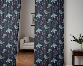 LUNA MOTH DANCE Window Curtains (1 piece), Mystical Moth Blackout Window Drapes, Dark Cottagecore Living room Decor Dark Moody Window Panels