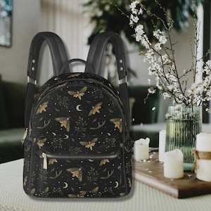 DEATH HEAD HAWKMOTH Small Vegan Leather Backpack, Mystical Moth and Moon Witchy Backpack, Whimsigoth Backpack, Small Travel Bag, Gothic Bag