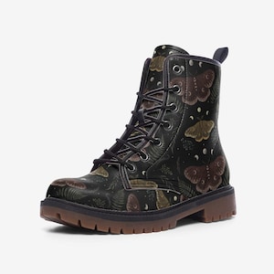 Magical Emperor Moth Vegan Leather Combat Boots, Moth & Moon Mystical Lightweight Combat Boots, Witchy Women Gift, Whimsigoth Boots, Gothic
