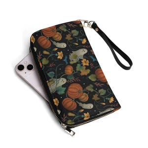 PUMPKIN GHOST Vegan Leather Wallet, Cute Ghouls Zipper Wristlet Wallet, Spooky Season Phone Case Wallet, Witchy Wallet, Dark Floral Purse