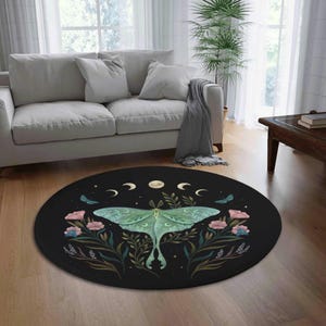 LUNA MOTH DANCE Living Room Round Rug, Witchy Eclectic Home Decor, Dark Cottagecore Bedroom Carpet, Celestial Butterfly Fannel Floor Mat
