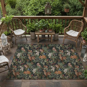 WOODLAND ANIMALS Outdoor/Indoor Rug with Deer Rabbit Squirrel & Mouse print, Dark Cottagecore Patio Decor, Forest Wildlife Outdoor Mat