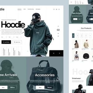 Peut inclure: Conception de site web présentant des vêtements streetwear, avec un accent sur les hoodies et les accessoires. La page présente un modèle portant un sweat à capuche vert et une casquette noire. Le site comprend des listes de produits et une section pour les nouveautés.