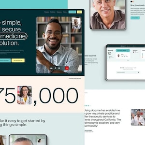 Könnte beinhalten: Webdesign für eine Telemedizin-Lösung. Das Design zeigt eine Videoanruf-Oberfläche, eine Tablet-Oberfläche und eine Handy-Oberfläche. Der Text lautet "Die einfache und sichere Telemedizin-Lösung" und "75.000".