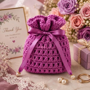 Puede incluir: Una bolsa de ganchillo de color morado vibrante con un patrón de puntos texturizados y un cierre de cinta de satén a juego. La bolsa está fruncida en la parte superior con la cinta, que termina en pequeñas cuentas blancas en cada extremo.