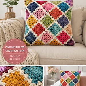 May include: A square crochet pillow cover featuring a multi-coloured granny square pattern in shades of red, pink, yellow, blue, and green, joined by cream-coloured yarn. The text on the image reads CROCHET PILLOW COVER PATTERN 40 x 40 cm.