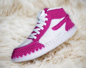 Crochet Sneaker Slippers High-Top, Handmade Adult Plush Booties