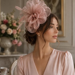 Può includere: Copricapo floreale rosa cipria con piume. Il copricapo è realizzato in tessuto trasparente a strati, creando una forma di fiore voluminosa. La donna indossa un abito rosa abbinato.
