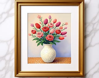 Coral Pink Floral Wall Art Print | Gemmed Vase Botanical Poster | Modern Boho Home Decor | Textured Flower Art | Living Room Bedroom Decor