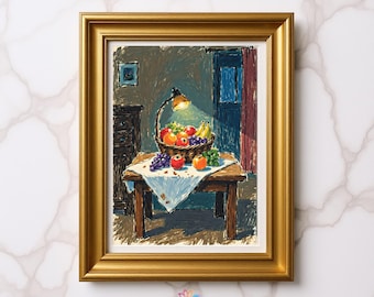 Fake Fruit Vibrant Fruit Basket Still Life Art Print | Rustic Kitchen Wall Decor | Colorful Farmhouse Dining Room Artwork | Unique Home Gift