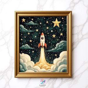 Rocket Ship, Rocket Launch Art Print, Space Nursery Decor, Starry Sky Wall Art, Astronaut Gift, Kids Room Space Theme, Celestial Home Décor