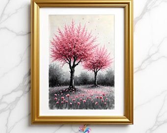 Cherry Blossom Wall Art Print, Pink Floral Landscape Painting, Spring Tree Art, Botanical Home Decor, Nature Wall Art, Digital Download