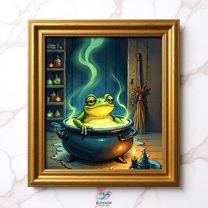 May include: A framed artwork depicts a green frog relaxing in a bubbling cauldron. The frog has red-rimmed eyes and a yellow belly. The cauldron is black with a yellow glow. A witch's hat and candle sit nearby. The background includes shelves of bottles and a broom.