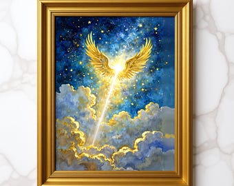 Könnte beinhalten: Gerahmtes Kunstwerk mit einer himmlischen Szene mit goldenen Flügeln und hellem Licht. Das Gemälde zeigt einen sternenklaren Nachthimmel, flauschige Wolken und einen goldenen Rahmen. Das Kunstwerk ist ein visuelles Thema.