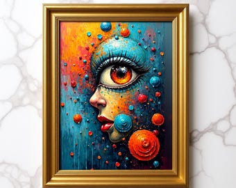 May include: A framed artwork featuring a vibrant, surreal eye portrait. The eye is the focal point, with a fiery orange iris and long lashes. The artwork uses a palette of blues, oranges, and reds, with a gold frame. The image is signed by Blossom Imaging.