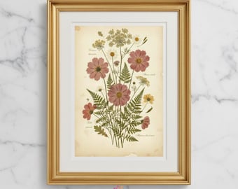 Vintage Pressed Wildflower Print, Botanical Wall Art, Cottagecore Decor, Floral Farmhouse Print, Herbarium Wall Art, Botanical Illustration