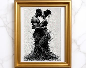 Establishing Roots Black Love Art Print, Romantic Wall Decor, "Rooted in Love" Afrocentric Artwork, Soulmate Gift, Black Couple Wall Art