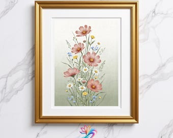 Impresión botánica de Torre de Flores Silvestres / Arte mural de margaritas Cosmos rosa suave / Póster floral vintage / Decoración infantil estilo cottagecore / Descarga digital