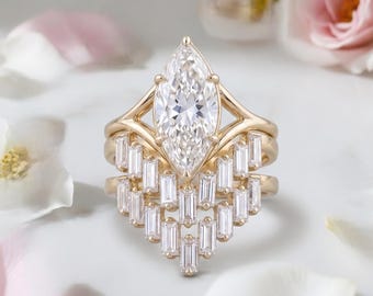 Marquise Solitaire Engagement Ring Set with Chevron Baguette Diamond Band In 14K Yellow Gold