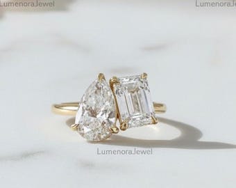 Pear & Emerald Cut Moissanite Toi et Moi Ring, 14K Gold