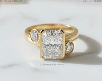 Radiant Cut Diamond Three Stone Ring Yellow Gold Bezel Set Modern Engagement