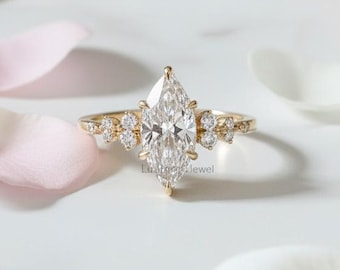 Marquise Moissanite 14K Yellow Gold Engagement Ring, Unique Cluster Ring