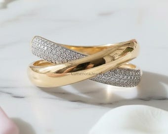 Lab Diamond Criss-Cross Ring, Pave Wedding Band
