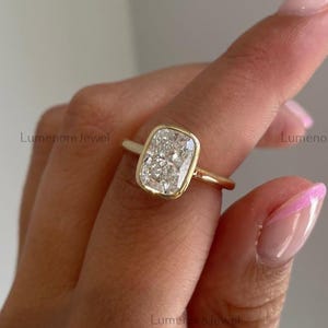 Elongated Cushion Cut Moissanite Bezel Set Engagement Ring, 18K Solid Yellow Gold Solitaire Diamond Ring
