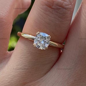 Dainty Cushion Cut Moissanite Solitaire Ring, Double Prong 10K Solid Yellow Gold Engagement Ring