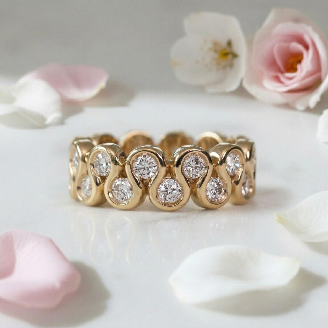 Round Cut Moissanite Wave Eternity Band, 14k Gold Bezel Set Infinity ...