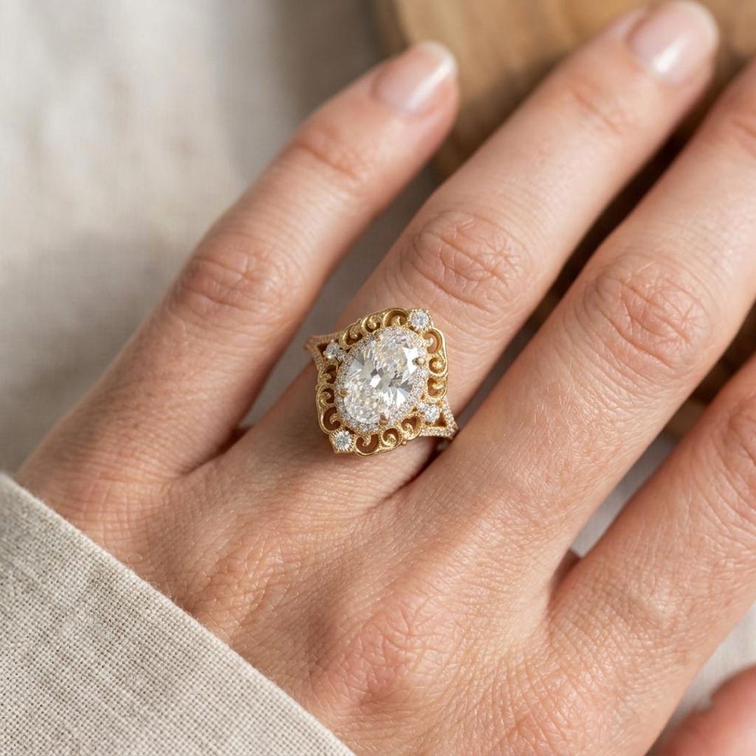 Oval Moissanite Halo Filigree Engagement Ring in 14K Yellow Gold Split ...