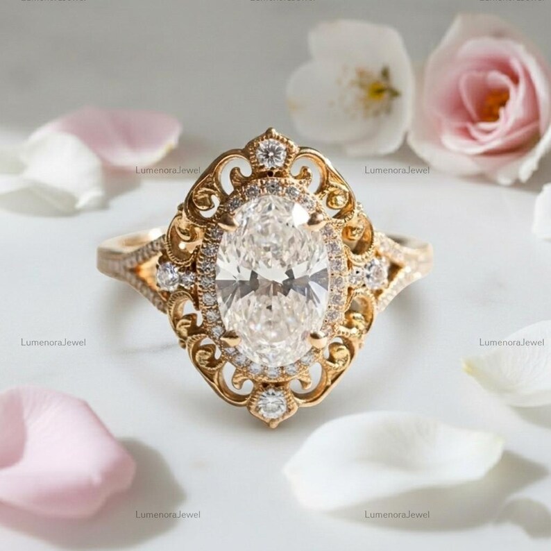Oval Moissanite Halo Filigree Engagement Ring in 14K Yellow Gold Split ...