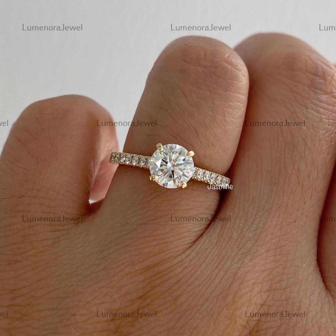 Round Cut Moissanite Hidden Halo With Accent Diamond Ring, 14K