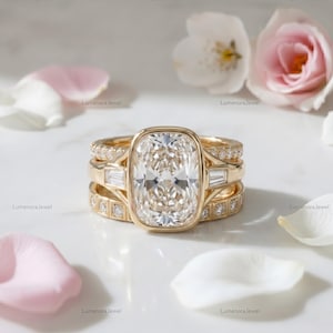 Elongated Cushion Cut Lab Grown Diamond Three Ring Bridal Set in 14K Yellow Gold