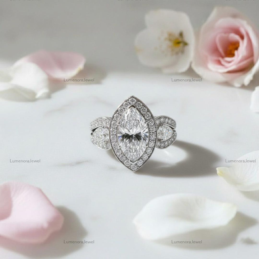 Marquise Halo Engagement Ring White Gold Split Shank With Pear Side ...