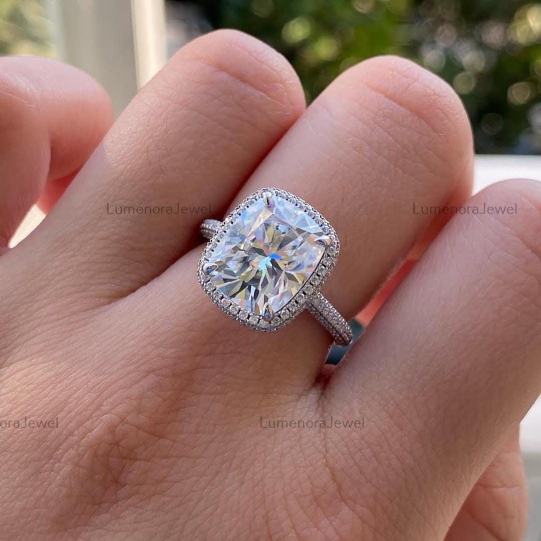 Mdiv Rings Elongated Cushion Cut Moissanite Halo Engagement Ring, Sterling Silver ...
