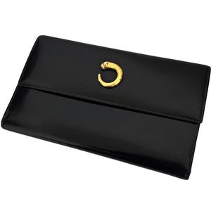 Cartier Vintage Panther Black Leather Gold Hardware Long Wallet Trifold France
