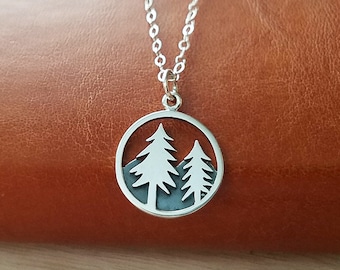 Sterling Silver Pine Tree Mountain Necklace, Nature Jewelry