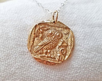 Athena Owl Necklace, Gold Owl Necklace, Athena Pendant Necklace, Coin Jewelry, Owl Necklace, Owl Pendant, Greek Mythology Jewelry, Owl Gift