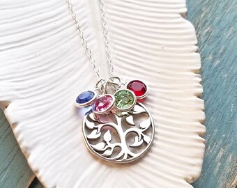 Family Tree Birthstone Charm Necklace, Sterling Silver Birthstone Necklace, Family Tree Necklace, Birthstone Jewelry, Gift for Mom