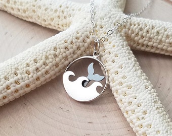 Sterling Silver Whale Tail Necklace, Ocean Wave Jewelry