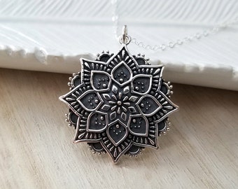Flower Mandala Necklace, Sterling Silver Lotus Mandala Necklace, Sterling Silver Flower Statement Necklace For Women, Lotus Flower Necklace