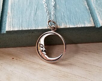 Sterling Silver Crescent Moon Face Necklace, Dainty Celestial Jewelry