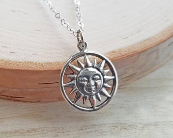 Sterling Silver Smiling Sun Necklace, Celestial Pendant
