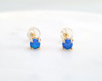 18K Gold Filled Blue Opal Stud Earrings, (4mm)