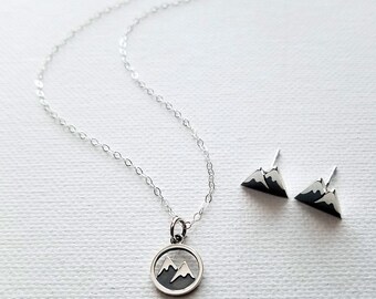 Sterling Silver Snow Capped Mountain Earrings, Sterling Silver Snow Capped Mountain Necklace, Outdoor Wanderlust Jewelry, Mountain Jewelry