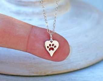 Heart Paw Print Necklace, Sterling Silver Paw Print Necklace, Cat Dog Lovers Jewelry, Tiny Heart Paw Print Necklace, Pet Memorial Necklace