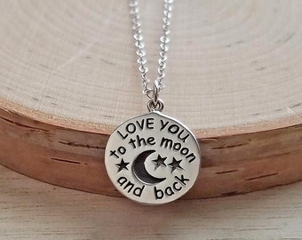 Love You to the Moon and Back Necklace, Sterling Silver Love You to the Moon Pendant, Love You to the Moon and Back Quote Necklace