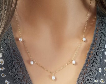 14K Gold Filled Pearl Dangle Necklace, Sterling Silver Chain